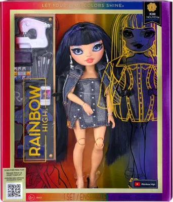 A Rainbow High fashion doll in its packaging, with accessories visible.