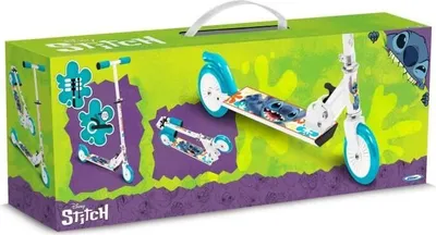The image shows the packaging of a Disney Stitch themed children's scooter. The box is brightly colored with illustrations of the character and the scooter.