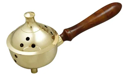 Wierookpan aus Messing, gold, Ø 7 cm, mit Holzgriff
