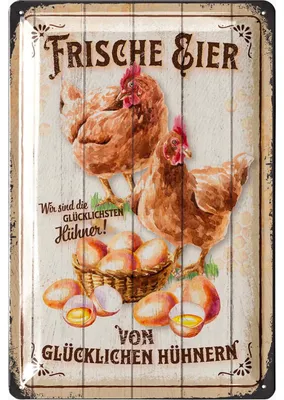 Produktbild von LANOLU Retro Blechschild Hühnerstall - FRISCHE EIER - Hühner Zubehör, vintage Metallschilder Huhn Deko Hühnerstall, Garten Schild, 20x30cm