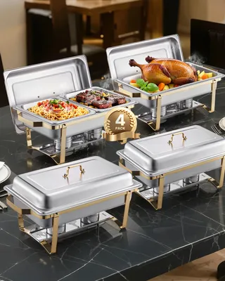 Zdjęcie produktu dla Podgrzewacz do potraw VEVOR Hot Pot Set ze stali nierdzewnej z 2 pełnowymiarowymi garnkami (7,5 l) i 4 półwymiarowymi garnkami (4 l), prostokątny podgrzewacz cateringowy, złoty