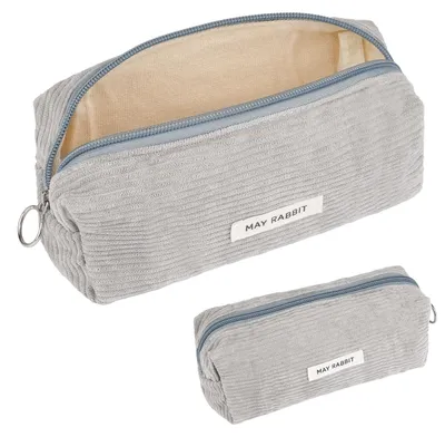 Image de Étui à crayons en corduroy gris clair pour filles et adolescentes, idéal pour l'école et le bureau