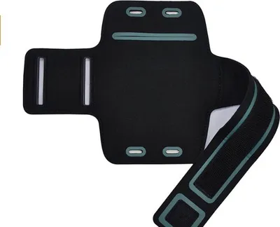 A black sports armband for a phone, laid out flat against a white background.