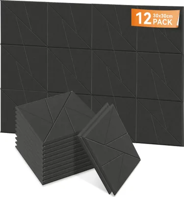 Produktbild von LARS360 Schwarz Akustikpaneele 12er Set 30x30cm V-Muster, Schallschutz Wandpaneele, Schalldämmung, Schallabsorber für Studio Home Gaming