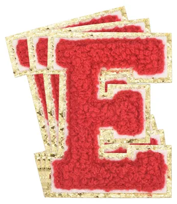 3 Chenille-Buchstaben E, 80 mm, rot mit Goldrand, Aufbügel-Patches