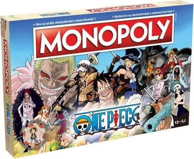 The image shows the front of a Monopoly board game box with One Piece characters.