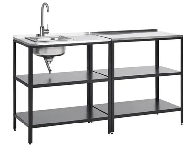 Obrázek produktu pro BELIANI Sada 2 kusů venkovní kuchyňská souprava černá nerezová ocel 2 kuchyňské regály dřez s jednou pákou renkovní kuchyňská stanice