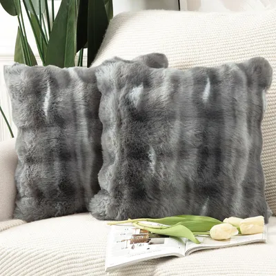 Produktbild von Set aus 2 weichen, flauschigen Dekokissenbezügen aus kurzem Wollsamt im n Stil für Sofa und Schlafzimmer, dunkelgrau, 55 x 55 cm