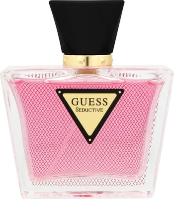 A perfume bottle with pink liquid inside and a black cap.