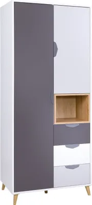 Produktbild von MIRJAN24 Kleiderschrank Joker 02, Kinderzimmer Drehtürenschrank, Stilvoll Schrank (Weiß / Graphit + Grau + Lefkas Eiche)
