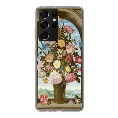 Produktbild von MuchoWow® Handyhülle Schutzhülle Hülle für Samsung Galaxy S21 Ultra Vase mit Blumen in einem Fenster - Gemälde von Ambrosius Bosschaert dem Älteren Silikon Softcase Handy Hülle - Mobiltelefon