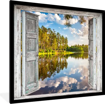 Produktbild von MuchoWow® Gerahmtes Poster Wasser - Landschaft - Fenster - Aussicht 40x40 cm - Poster mit Schwarzem Bilderrahmen Wandposter Rahmen Foto Bilder - Mit Rahmen - Wanddekoration Schlafzimmer