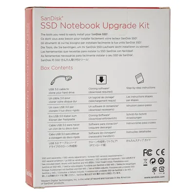 The image shows the back of a SanDisk SSD Notebook Upgrade Kit box, detailing its contents and instructions in multiple languages.