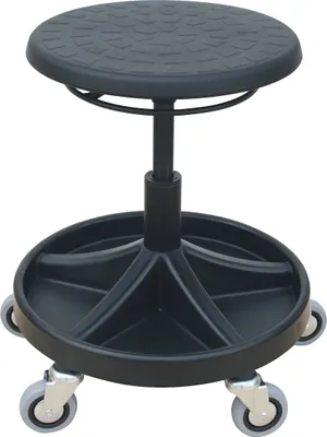 Produktbild von Drehhocker Atlanta | Sitzhöhe 40-53cm | Ø 63cm | Tragfähigkeit 110kg | Polyurethane-Sitz | Kunststof-Fußkreuz mit Ablageschale & Rollen | Ringauslösung | Schwarz