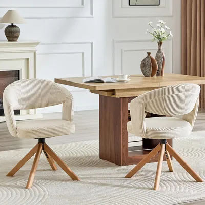 Produktbild von 2er-Set Retro-Luxus-Drehstühle Esszimmerstühle aus Cord Cremeweiß gestreift mit Massivholzbeinen 360 Grad drehbar mit Rückenlehne Höhe 81,5 cm