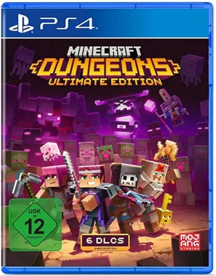 The image shows the front cover of a PlayStation 4 game case for Minecraft Dungeons Ultimate Edition.