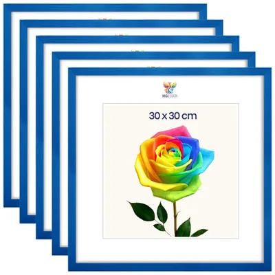 Produktbild von MG Design 5er Set Bilderrahmen 30 x 30 cm - Posterrahmen mit Blau Echtholzrahmen und bruchsicherem Acrylglas, Hoch & Quer mit stabiler Wandaufhängung