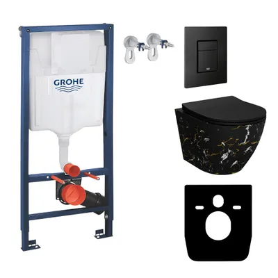 Produktbild von GROHE Vorwandelement Solido + Wand Hänge WC Sofi Slim Fire Schwarz Spülrandlos + WC-Sitz SoftClose | Schwarzer Knopf | Komplettset | Unterputz Spülkasten |  Toilette Komplett Sett