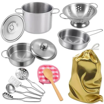 Produktbild von Kinder Kochgeschirr Set aus Metall, Töpfe Pfanne und Küchenzubehör für Spielküche, Kochset für Kinder ab 3 Jahren