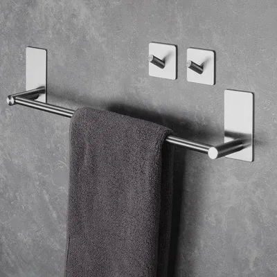 Produktbild von Handtuchthalter ohne Bohren, 40 cm, Edelstahl 304, Wandmontage mit 2 Haken, für Badezimmer und Küche – selbstklebend, rostfrei, silberfarben