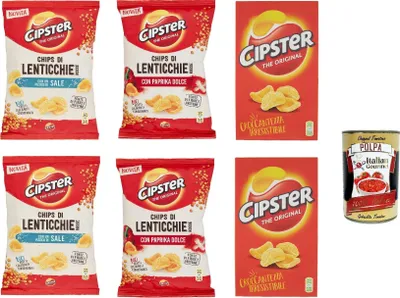 Produktbild von Cipster Testpaket original, Cipster di Lenticchie Rosse al paprika, Ikonische Form und knuspriger Geschmack 6x 80g + Italian Gourmet polpa 400g