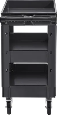 A black rolling cart with three shelves and wheels, shown from the front.