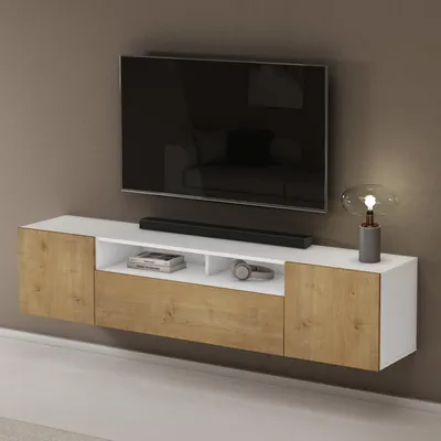 Produktbild von Mai & Mai TV Schrank Fernsehschrank 3 Türen mit Soft-Close Lowboard Hängeschrank Fernsehtisch für Wohnzimmer in matt Weiß + Kerneiche BTH: 180x36x39cm