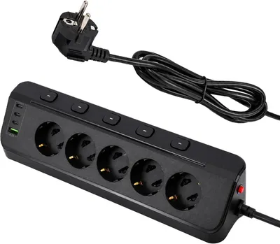 Produktbild von Steckdosenleiste 9-in-1 mit 5 Steckdosen – USB-C und USB-A – Einzelschalter – Tischsteckdose mit 2 m Kabel – Für den Bürogebrauch