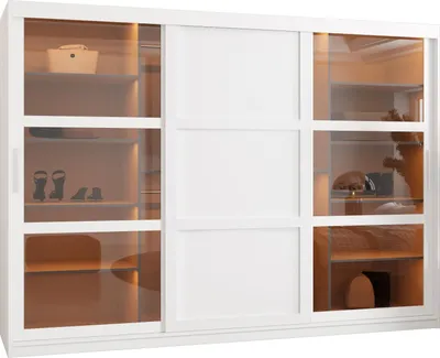 A white sliding door wardrobe with glass panels, showcasing shelves with items like a basket and shoes.