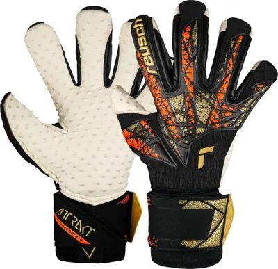Immagine prodotto di Guanti da portiere Reusch Attrakt SpeedBump Ortho-Tec con Evolution Negative Cut 7738 nero / oro / arancione 8,5