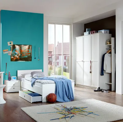 Produktbild von Jugendzimmer komplett Set mit 90x200cm Bettgestell in weiß FABRIZIO-43, 6-teilig