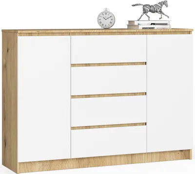 Zdjęcie produktu dla Komoda AKORD K140 Dąb Artisan 138 cm 2 drzwi 4 szuflady kolor Biały mat 4 półki 138x40x99 cm