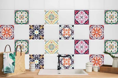 Produktbild von 24 Stück Laminierter Wandaufkleber Bad Küche Selbstklebende Bad Deko Talavera-Muster 20 x 20 cm