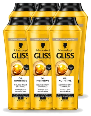Imagen del producto de 6 champús nutritivos Schwarzkopf Gliss Oil para cabello seco, 250 ml cada uno. Paquete económico de 6 unidades