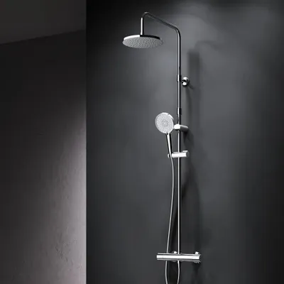 Productafbeelding van AM.PM Douchesysteem: Regen douche met thermostaat (38°C), roestvrijstalen douchearmatuur set, douchekolom met regendouche, inclusief verstelbare douchestang. Model: F07XA400, X-Joy, chroom