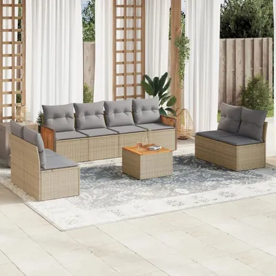 Produktbild von Design 9-tlg. Garten-Sofagarnitur mit Kissen Beige Poly Rattan, Gartenmöbel-Sets 2024 Neu