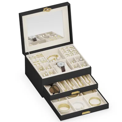 Produktbild von ADEL DREAM 3-stöckige Schmuckkästchen mit Kleeblatt-Knopf Schmuckaufbewahrung mit ausziehbarem Tablett Schmuck Organizer mit großem Spiegel