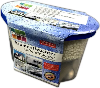 A dehumidifier container with granules inside, shown from a slightly angled front view.