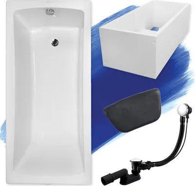 Image de Baignoire rectangulaire Set 5in1 170x70 avec vidage Premium et pieds S + support de baignoire + appui-tête en noir | BADLAND OPTIMAZ