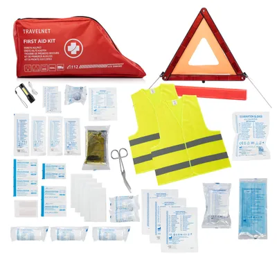Immagine prodotto di Travelnet Kit di bendaggio di primo soccorso per auto 40 pezzi con gilet di sicurezza e triangolo