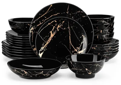 Image de Sets de dîner - Service de vaisselle en grès 24 pièces avec design noir et or pour 6 personnes
