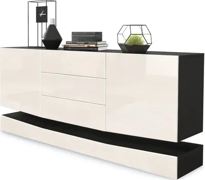 Produktbild von Vladon Sideboard City, Germany, Schwarz matt/Creme Hochglanz - Moderne Kommode für Ihr Wohnbereich (178 x 72 x 38 cm)