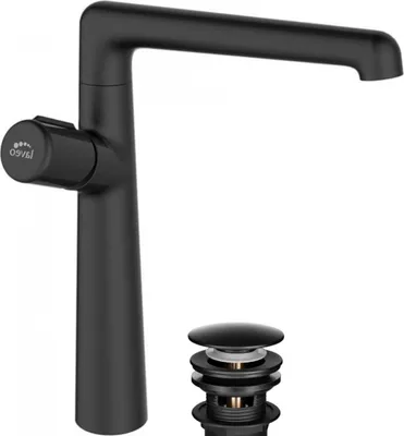 A black washbasin faucet and drain assembly against a white background.
