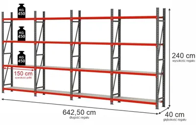 Zdjęcie produktu dla Regał magazynowy metalowy zestaw cztery moduły 16-półkowy Mega-M FORTIS 642,5x40x240cm