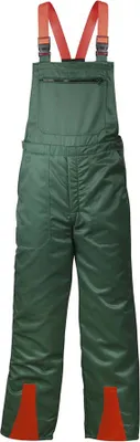 A pair of green and orange overalls shown against a white background.
