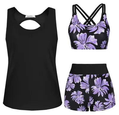 Produktbild von 3-teiliges Tankini Badeanzug für Damen mit Blumenmuster