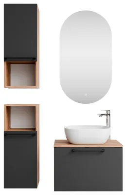 Produktbild von Planetmöbel Waschtischunterschrank Astra 60 cm Gold Eiche/Anthrazit mit LED-Spiegel und 2x Midischrank