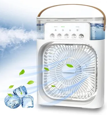 Obrázek produktu pro Přenosný ventilátor 4 v 1, klimatizace (bílá) s rozprašovačem vody, 3 režimy, objem 600 ml, s LED osvětlením v 7 barvách, stolní ventilátor pro domácnost, kancelář