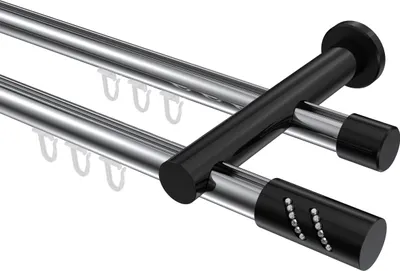Produktbild von Interdeco Innenlaufstange / Gardinenstange mit Innenlauf Chrom / Schwarz, Typ Platon Zoena (Glitzerzylinder), 20 mm Ø 2-läufig, 280 cm