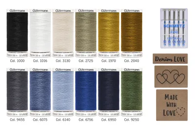Produktbild von Gütermann Denim-Box mit Jeans-Nähnadeln & Kunstleder-Labels